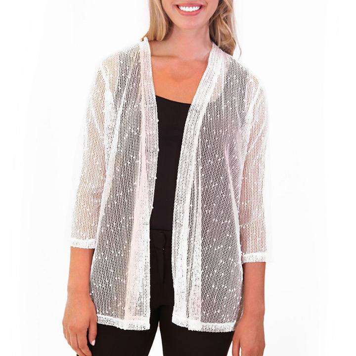 Nina Leonard Novelty Knit 3/4 Sleeve Godet Back Cardigan