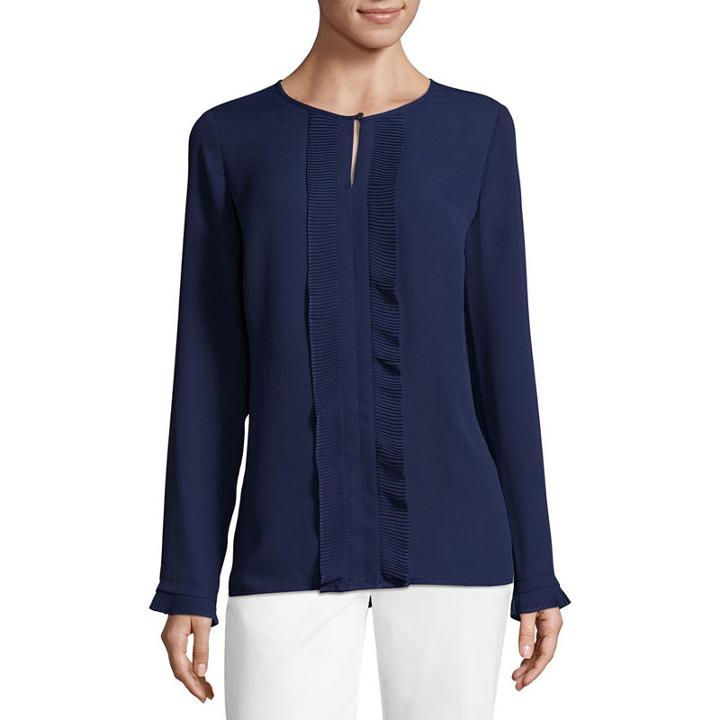 Liz Claiborne Long Sleeve Pleated Woven Blouse - Tall
