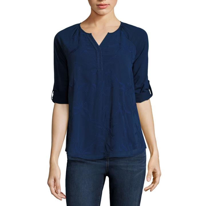 St. John's Bay Embroidered 3/4 Sleeve Roll Sleevefloral Peasant Top