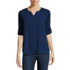 St. John's Bay Embroidered 3/4 Sleeve Roll Sleevefloral Peasant Top