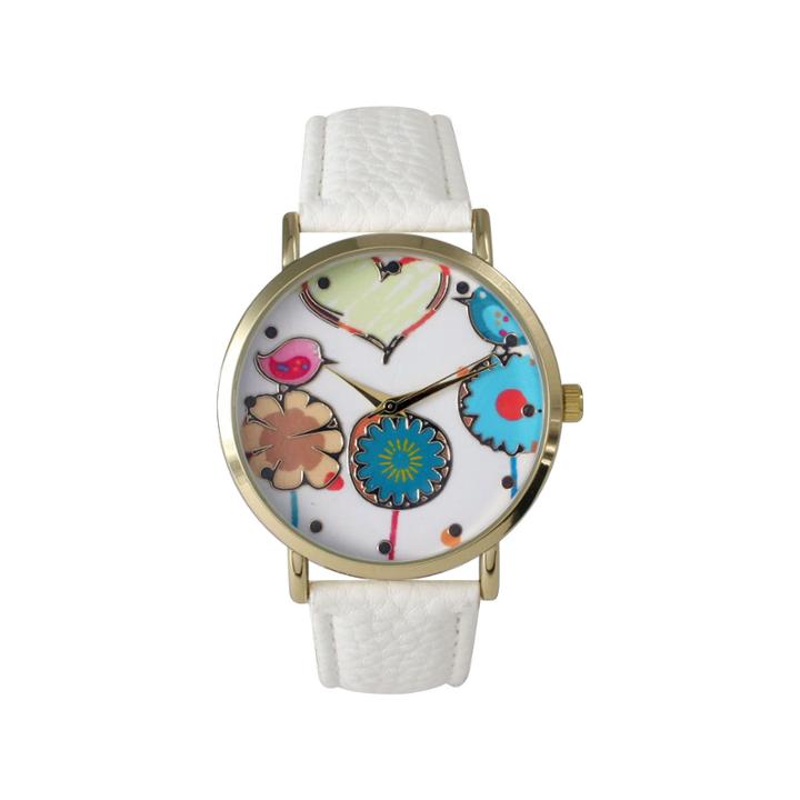 Olivia Pratt Womens Multicolor Heart, Birds And Flowers Dial White Leather Watch 26362white
