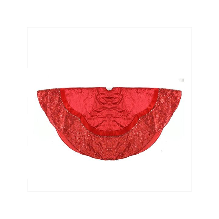 60 Red Velvet Damask Sequin Embroidered Poinsettia Trimmed Scalloped Edge Christmas Tree Skirt