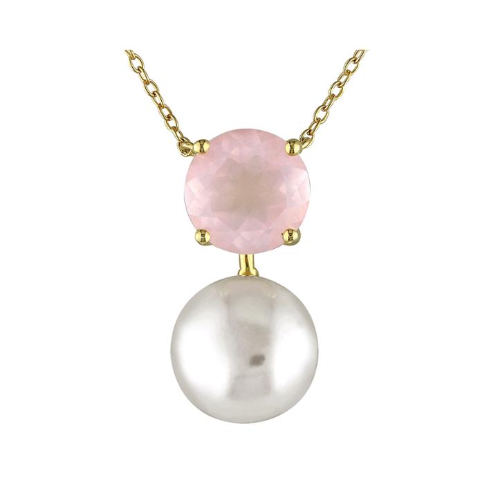 Genuine Pink Quartz And Cultured Freshwater Pearl Necklace