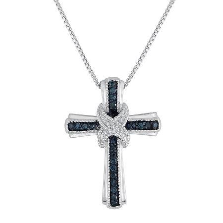 1/10 Ct. T.w. White & Color-enhanced Blue Diamond Cross Pendant Necklace