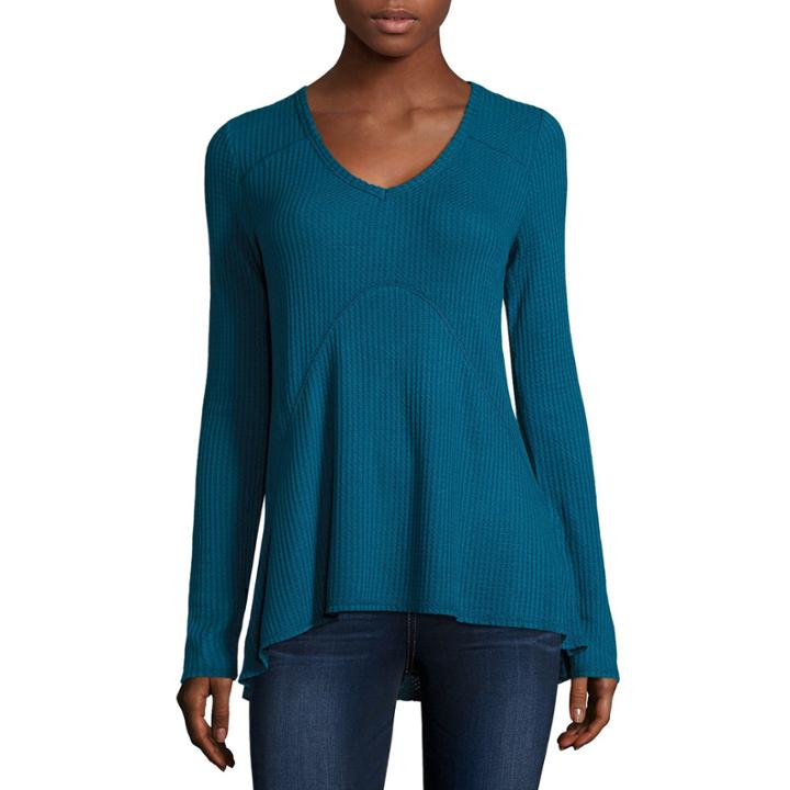 Miss Chevious Long-sleeve High-low Waffle Weave Top - Juniors
