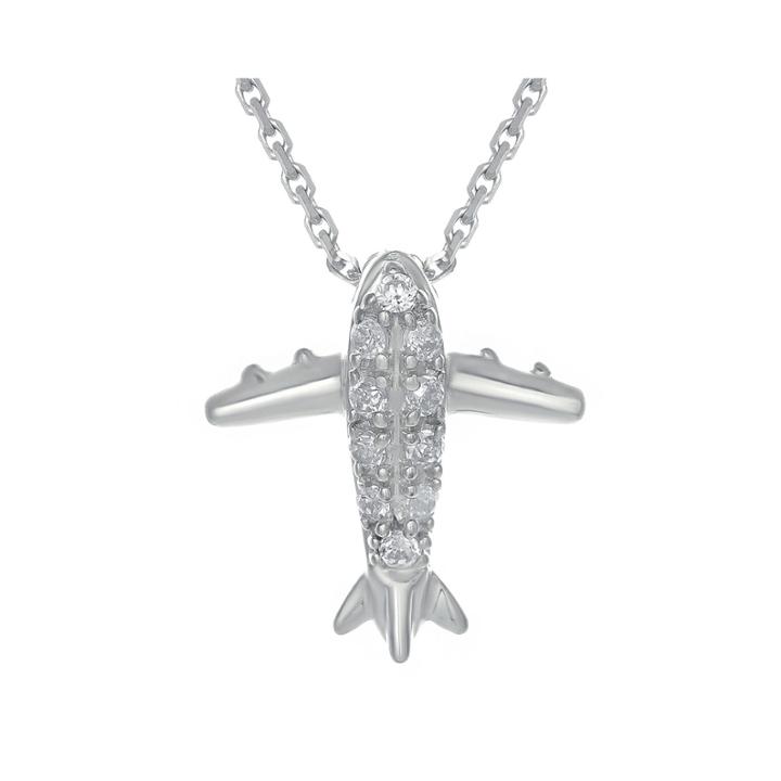 Diamond-accent 10k White Gold Airplane Mini Pendant Necklace