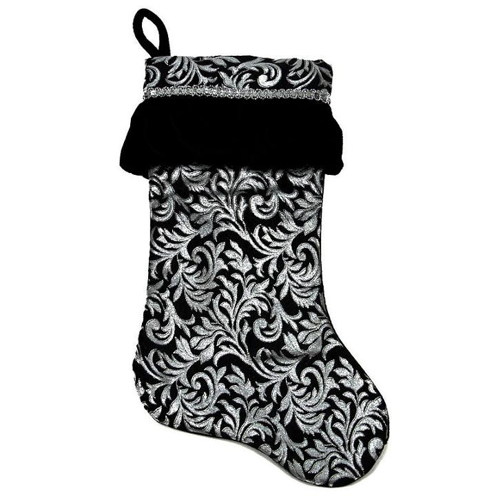 20 Black And Silver Metallic Flourish Christmas Stocking With Venetian-style Ruffle Cuff