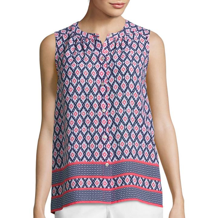 Liz Claiborne Sleeveless Border Print Button-front Shirt - Tall