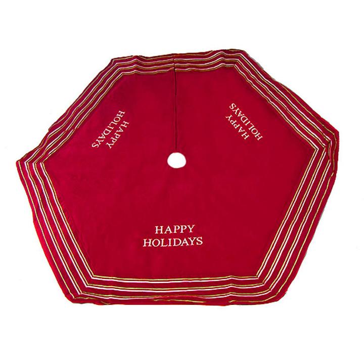 56 Red Happy Holidays Christmas Tree Skirt With Striped Trim