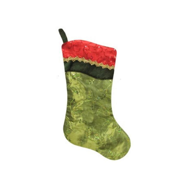 20 Red And Green Leaf Christmas Stocking With Wavy Sequined Cuff