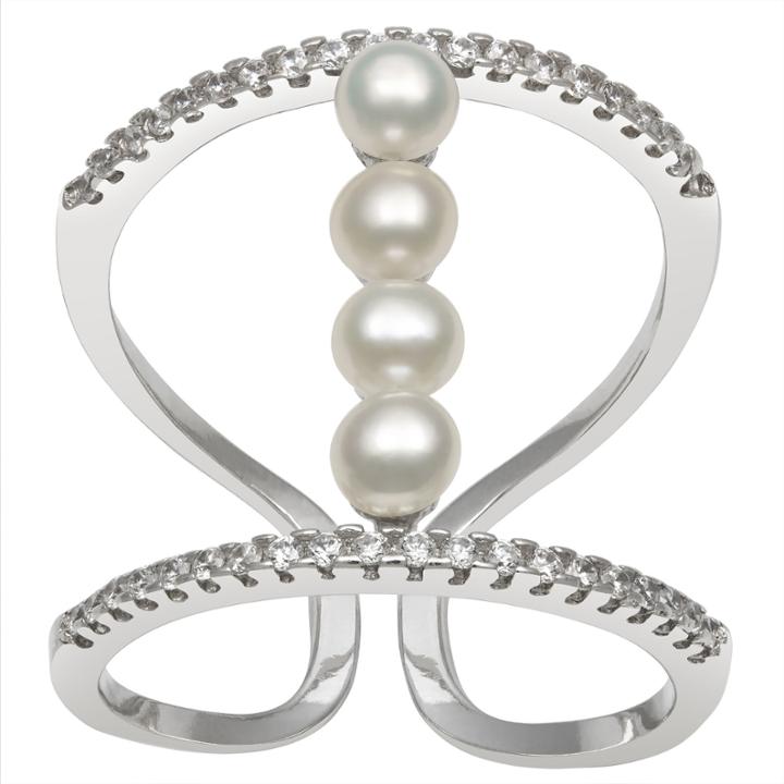 3-4mm Cultured Freshwater Button Pearl And Lab Created Cubic Zirconia Sterling Silver Ring