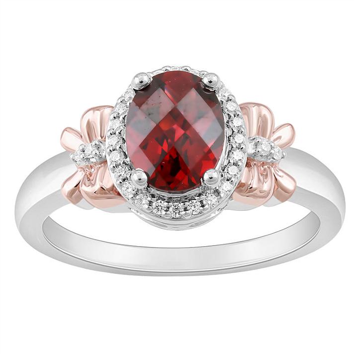 Enchanted Disney Fine Jewelry Womens 1/10 Ct. T.w. Diamond And Genuine Garnet Sterling Silver Cocktail Ring