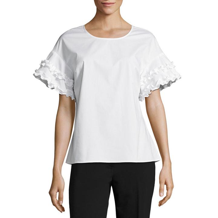 Worthington Short Sleeve Crew Neck Poplin Ruffled Blouse-petite