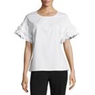 Worthington Short Sleeve Crew Neck Poplin Ruffled Blouse-petite