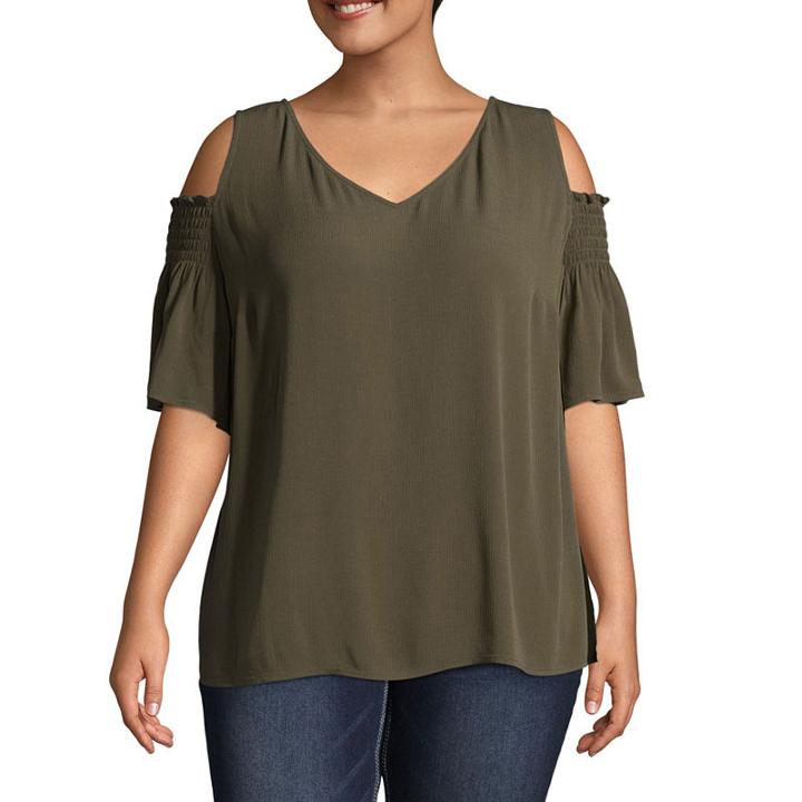 A.n.a Smocked Cold Shoulder V Neck Woven Blouse - Plus