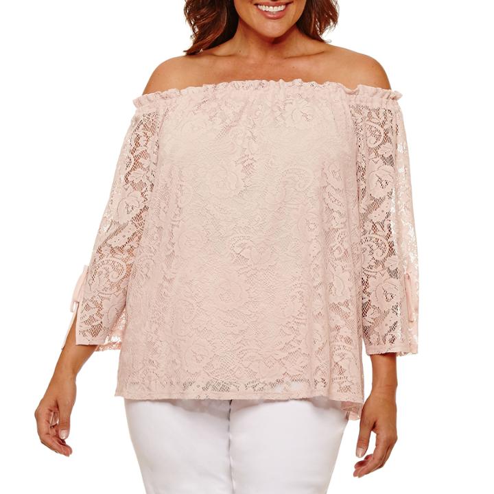 Worthington Off The Shoulder Lace Knit Blouse-plus