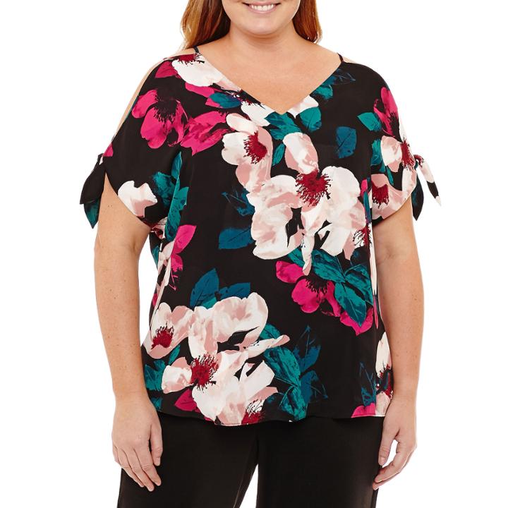 Worthington Tie Sleeve Cold Shoulder Woven Blouse-plus