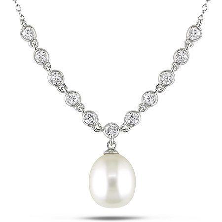 Cz Cultured Freshwater Pearl Pendant Necklace