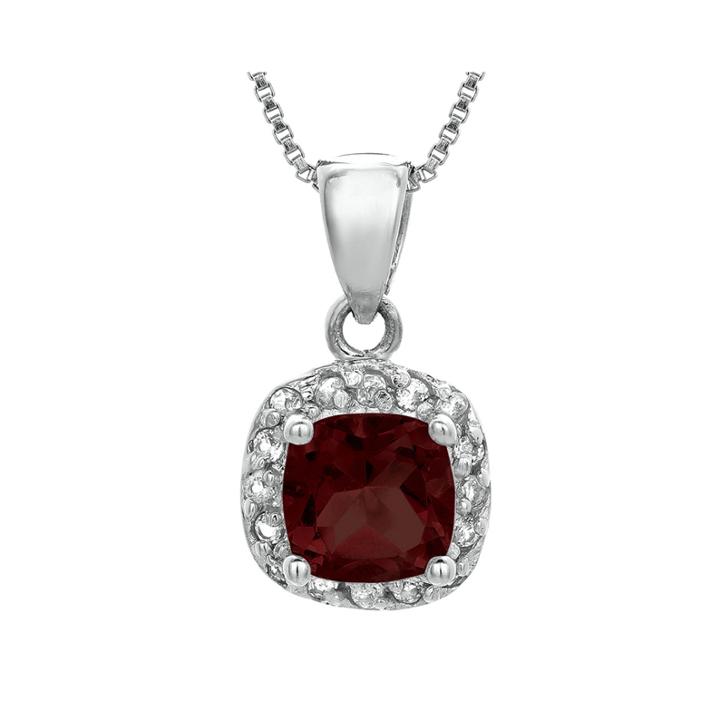 Cushion-cut Genuine Garnet And White Topaz Sterling Silver Pendant Necklace
