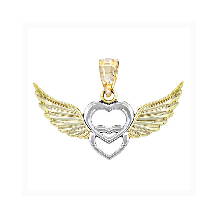 14k Two-tone Gold Double Heart With Wings Charm Pendant