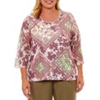 Alfred Dunner Palm Desert 3/4 Sleeve Patchwork Medallion T-shirt- Plus