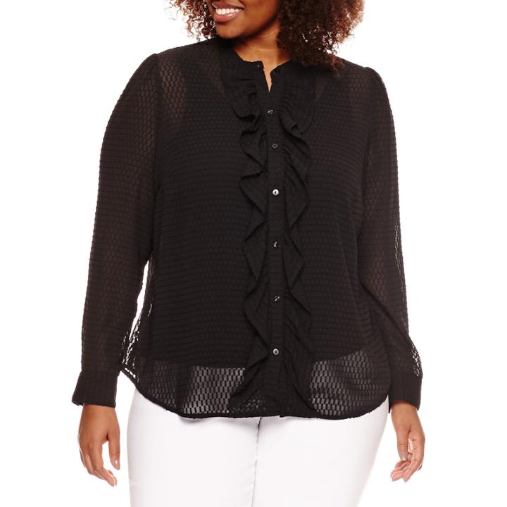 Worthington Long Sleeve Swiss Dot Ruffle Front Blouse - Plus