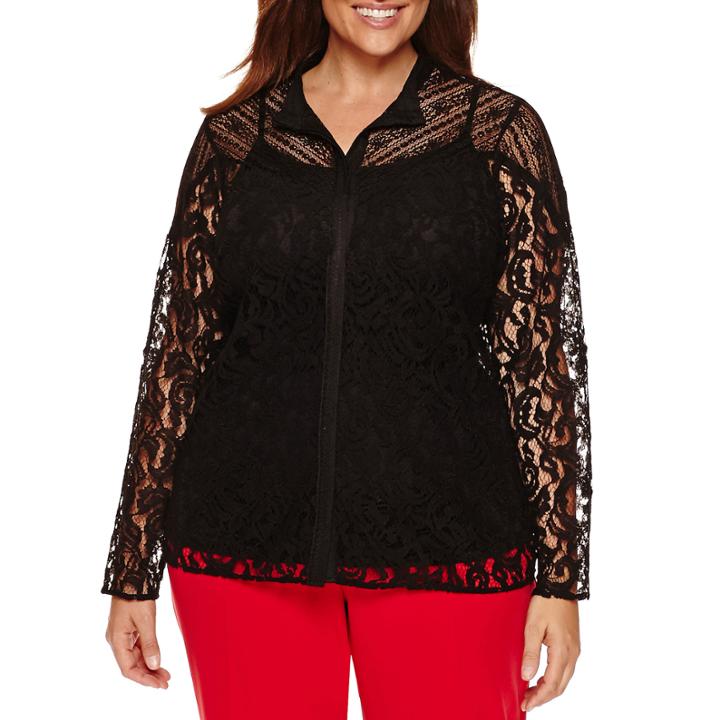 Worthington Long Sleeve Allover Lace Button Up Blouse - Plus
