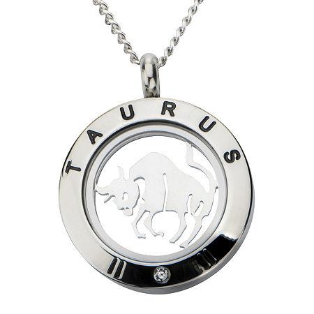 Taurus Zodiac Cubic Zirconia Stainless Steel Locket Pendant Necklace