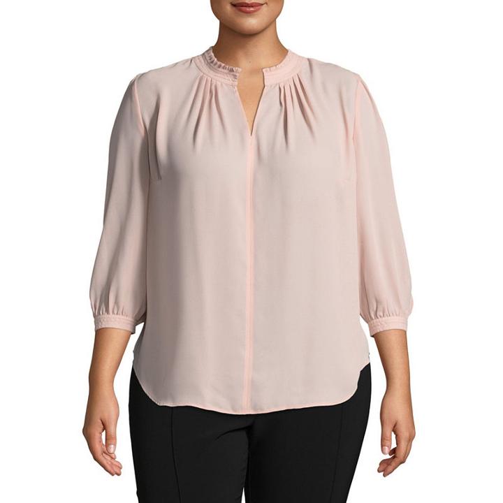 Worthington 3/4 Sleeve Y Neck Woven Blouse - Plus