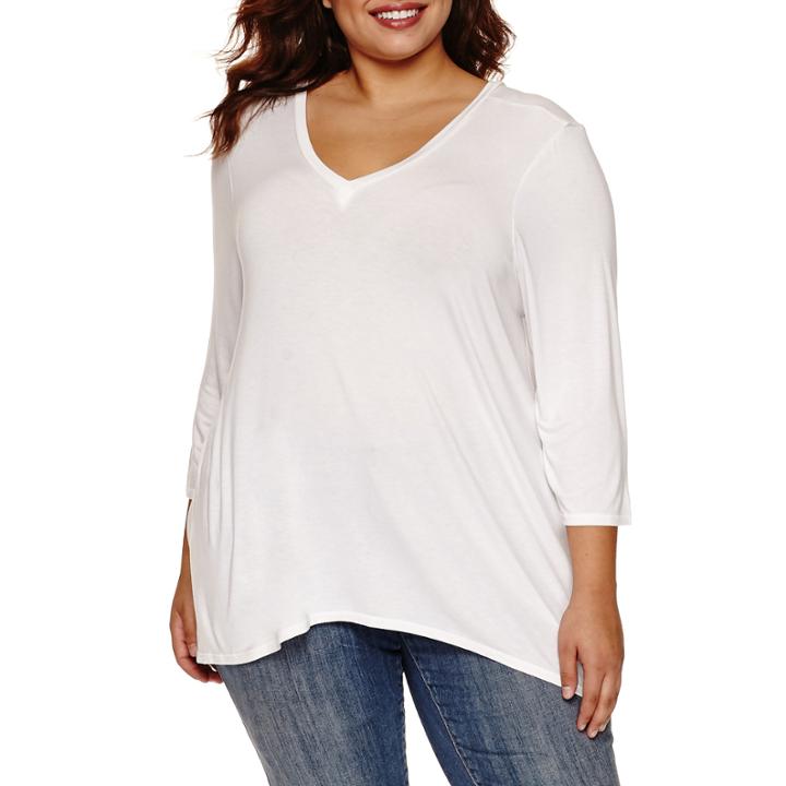 Boutique + 3/4 Sleeve V Neck T-shirt-womens Plus