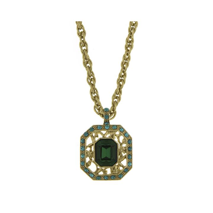 1928 Green And Blue Stone Gold-tone Pendant Necklace