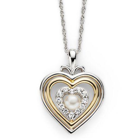 Cultured Freshwater Pearl & Lab-created White Sapphire Heart Pendant Necklace