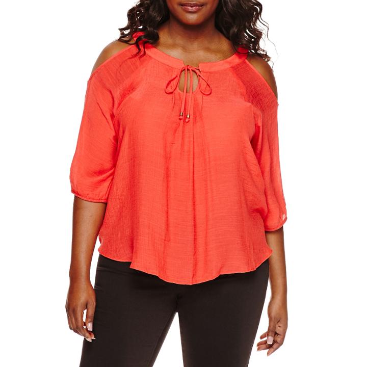 By & By Elbow-sleeve Cold-shoulder Crochet-back Peasant Blouse - Plus