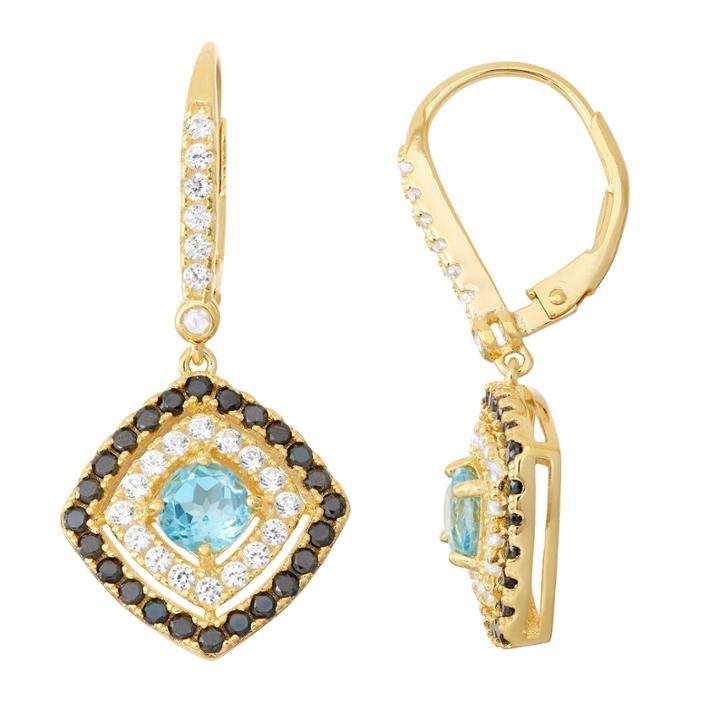 Genuine Blue Topaz & Black Spinel 14k Gold Over Silver Leverback Earrings