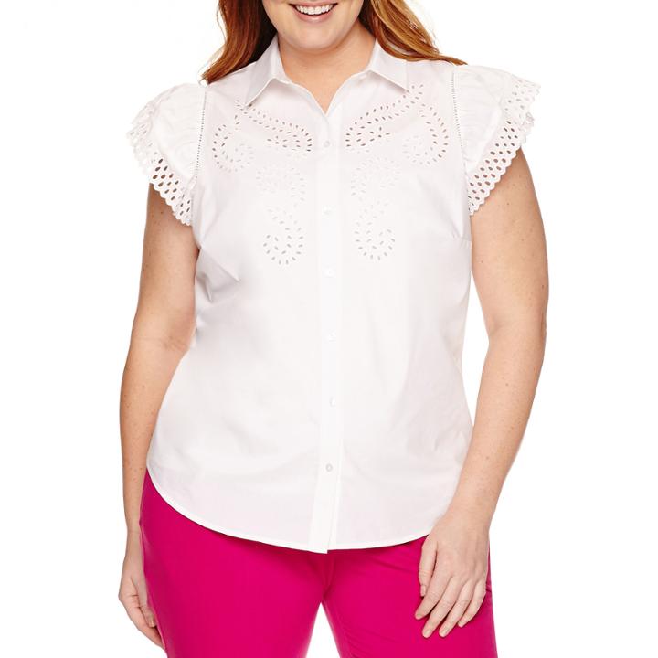 Worthington Short Sleeve Embroidered Button Front Shirt - Plus