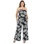24seven Comfort Apparel Chrissy Black Feather Pattern Strapless Jumpsuit - Plus