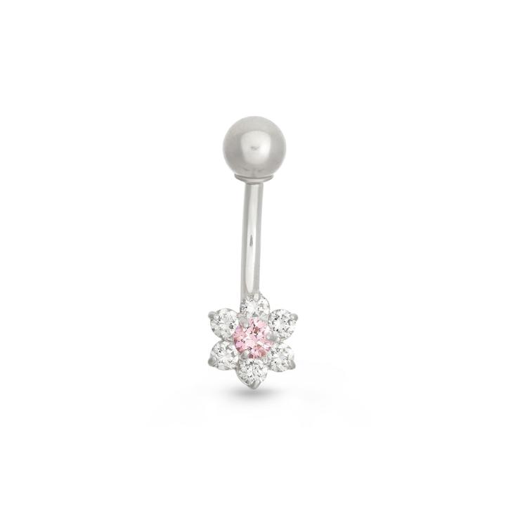 10k White Gold Pink And White Cubic Zirconia Flower Belly Ring
