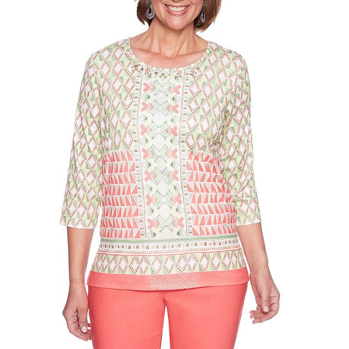 Alfred Dunner Parrot Cay 3/4 Sleeve Round Neck Geometric T-shirt-womens