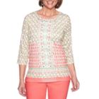 Alfred Dunner Parrot Cay 3/4 Sleeve Round Neck Geometric T-shirt-womens