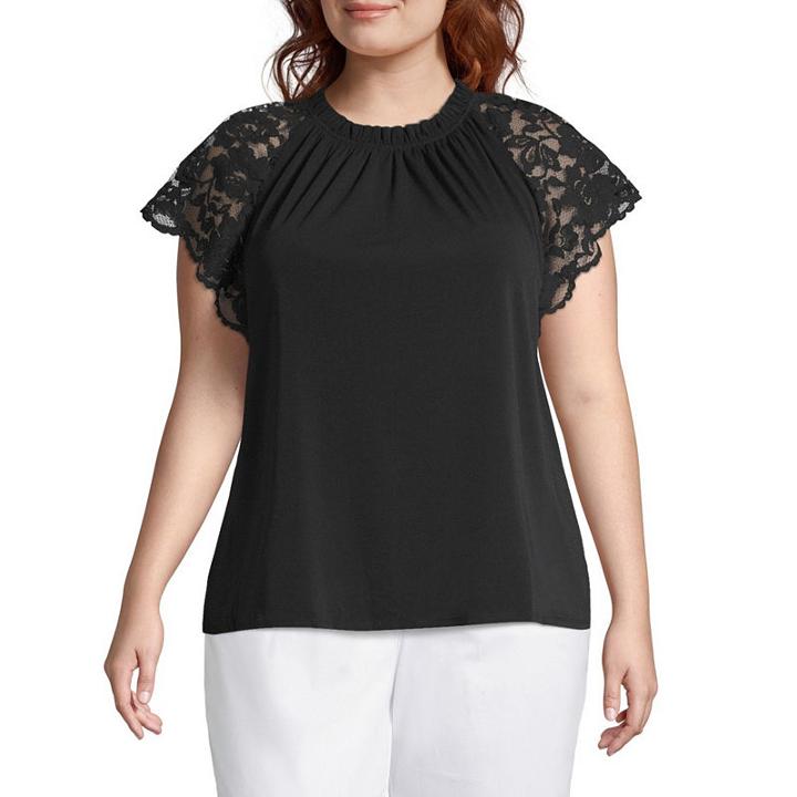 Worthington Short Lace Sleeve Knit Blouse - Plus