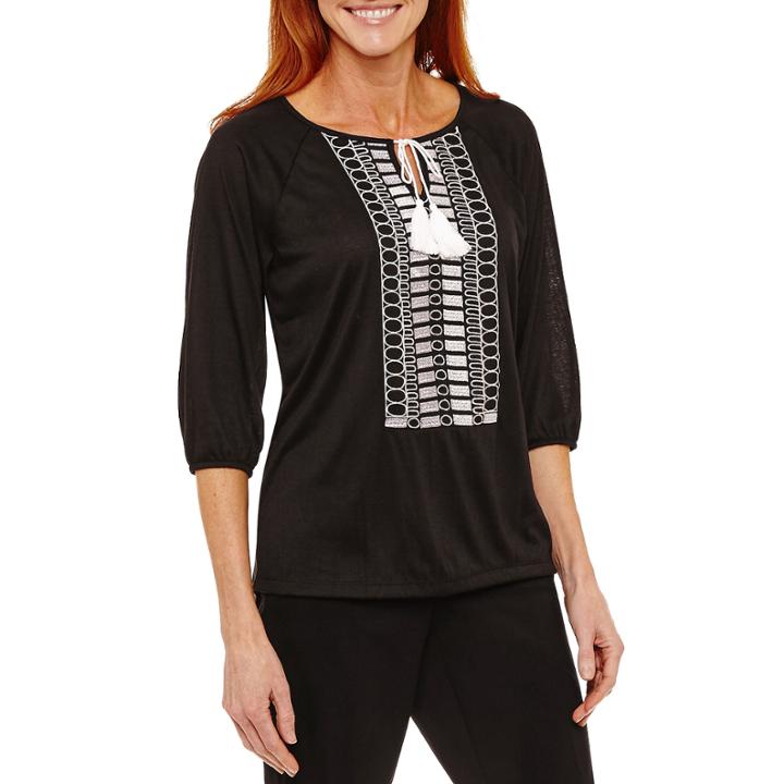 Sag Harbor Fiesta Embroidered 3/4 Sleeve Solid Peasant Top