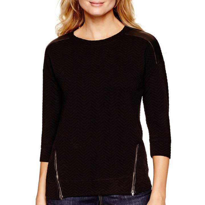 A.n.a 3/4-sleeve Textured Zipper Sweatshirt - Petite