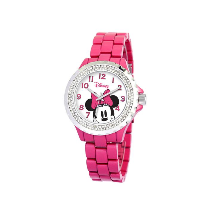 Disney Minnie Mouse Womens Pink Enamel Watch With Crystals