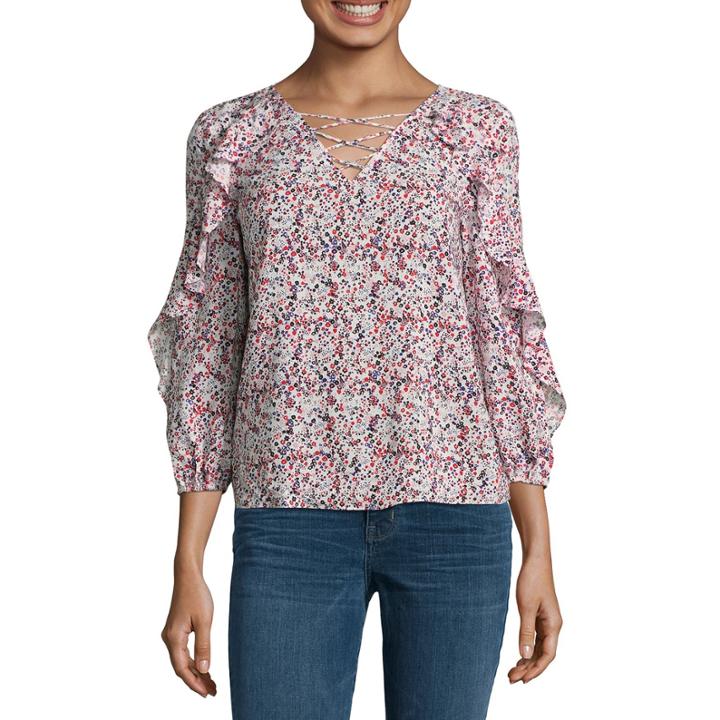A.n.a. 3/4 Sleeve Lace Up Ruffle Blouse