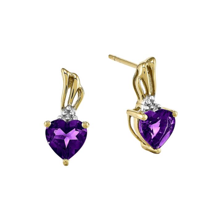 Heart-shaped Genuine Amethyst And Diamond-accent 14k Yellow Gold Earrings