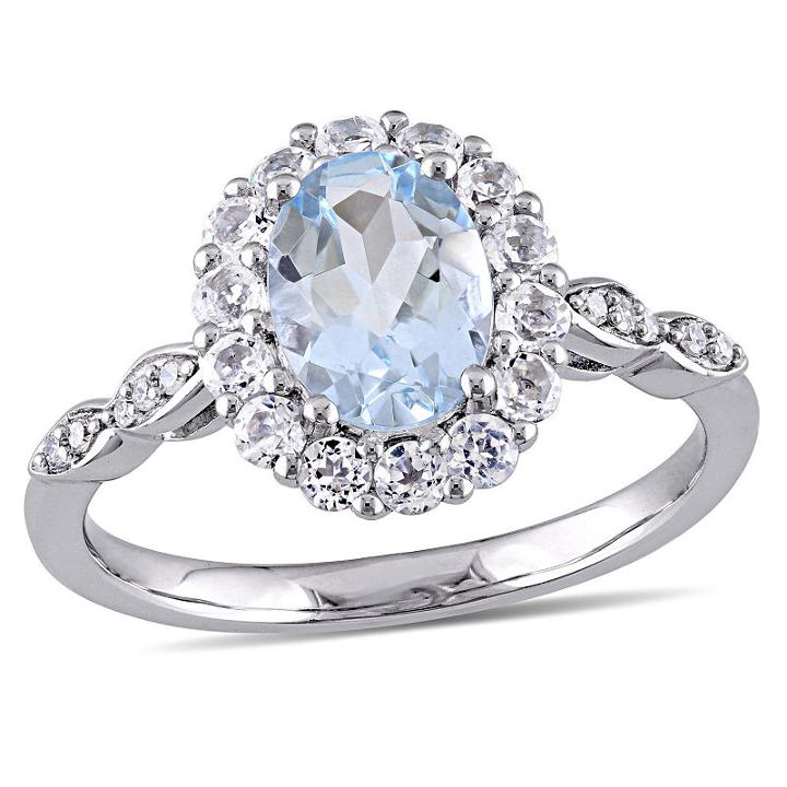 Womens Diamond Accent Genuine Aquamarine Blue 14k Gold Cocktail Ring