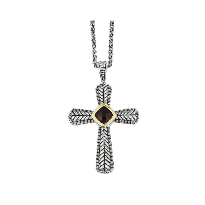 Shey Couture Genuine Garnet Sterling Silver And 14k Yellow Gold Cross Pendant Necklace