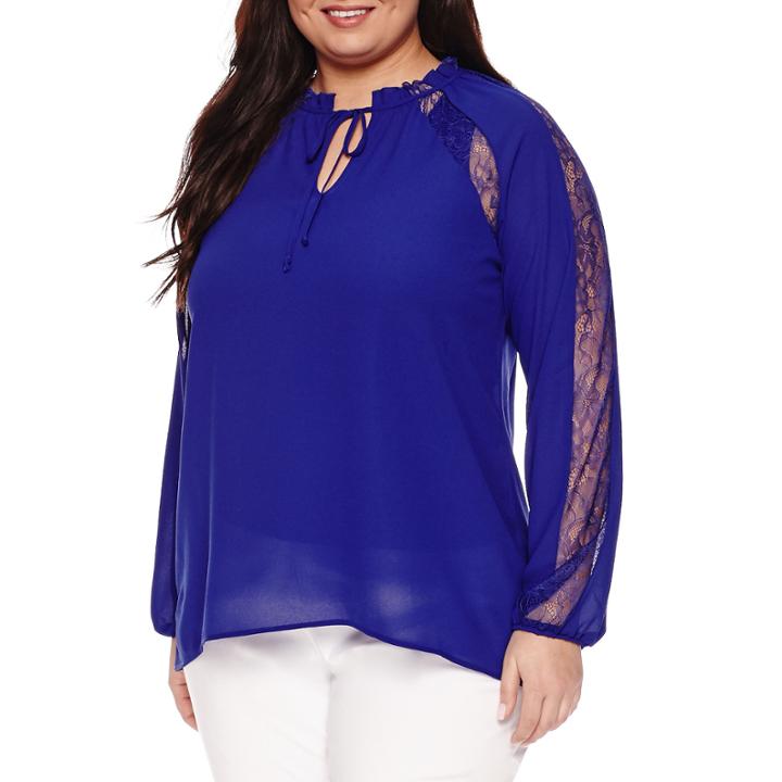 Worthington Long Sleeve Keyhole Woven Blouse - Plus