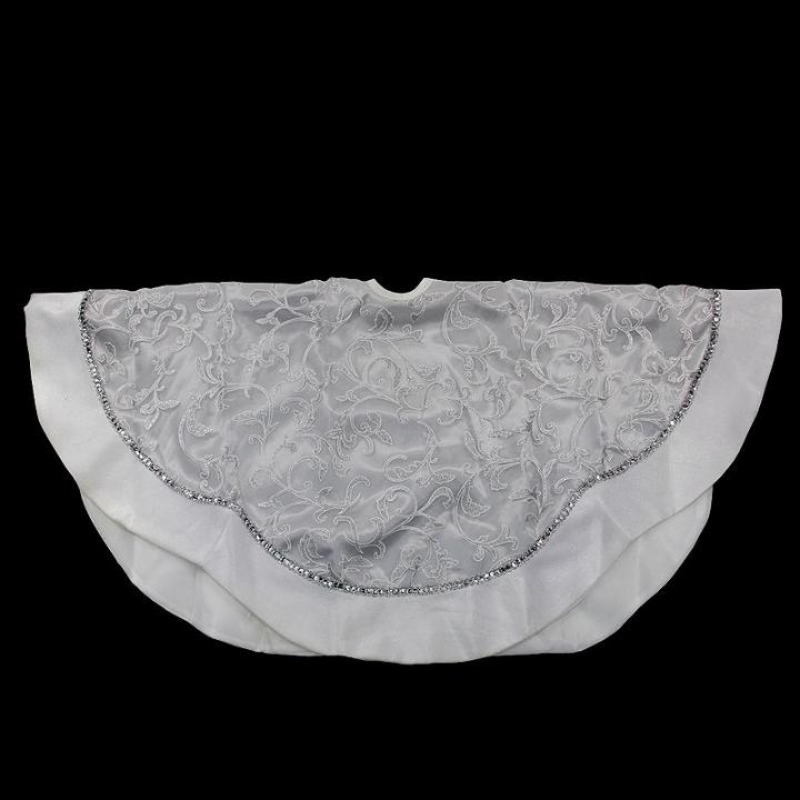 48 Silver And White Flourish Christmas Tree Skirt With White Velveteen Trim