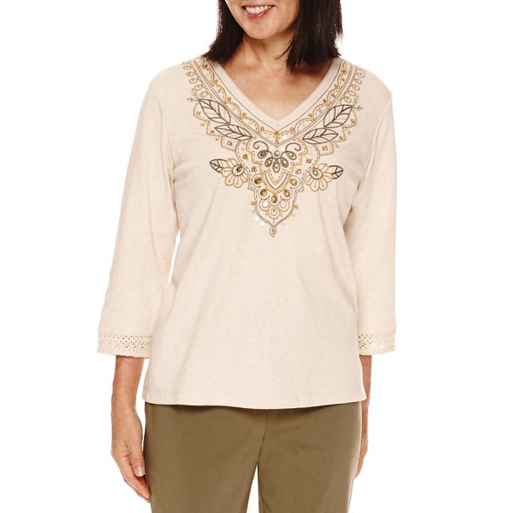 Alfred Dunner Cactus Ranch 3/4 Sleeve Embroidery Top